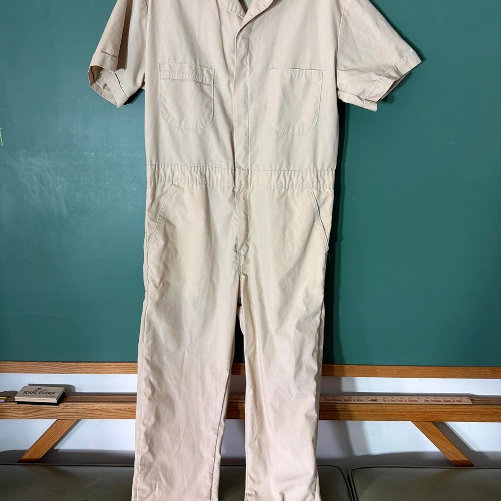 Bercowear Tan Cream Jumpsuit Lightweight Workwear Utility Short Sleeve Coveralls